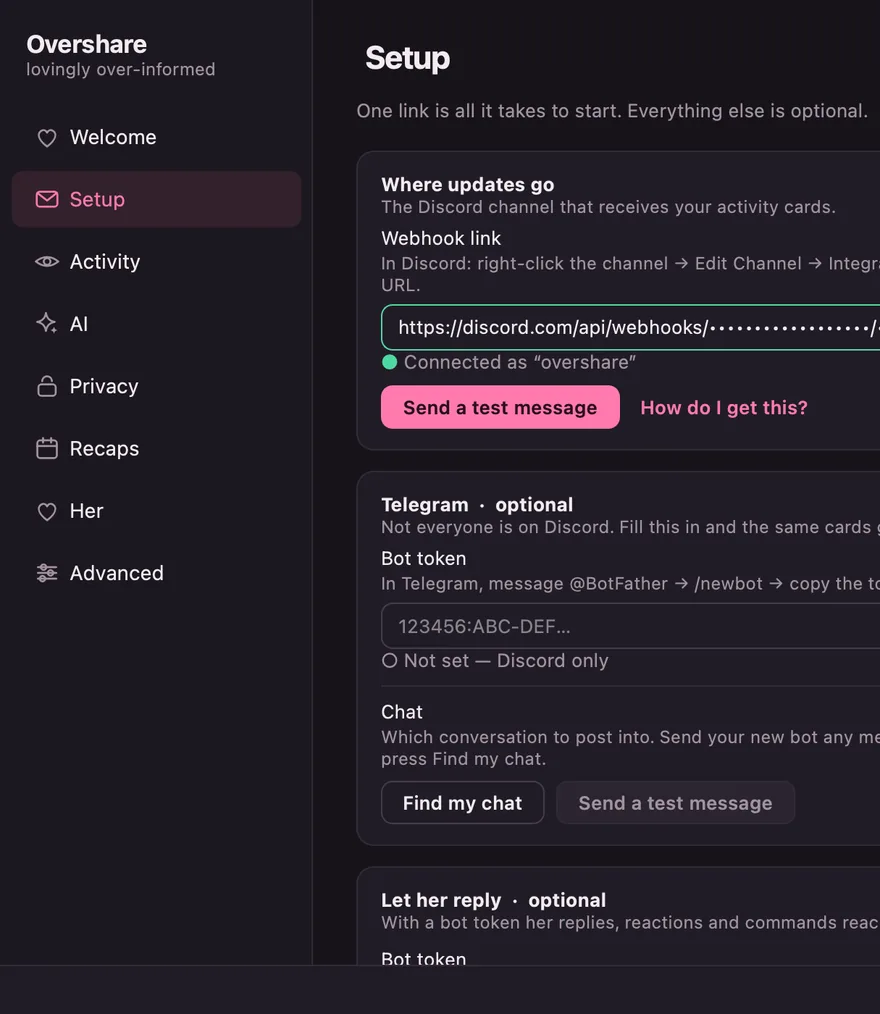 Setup page