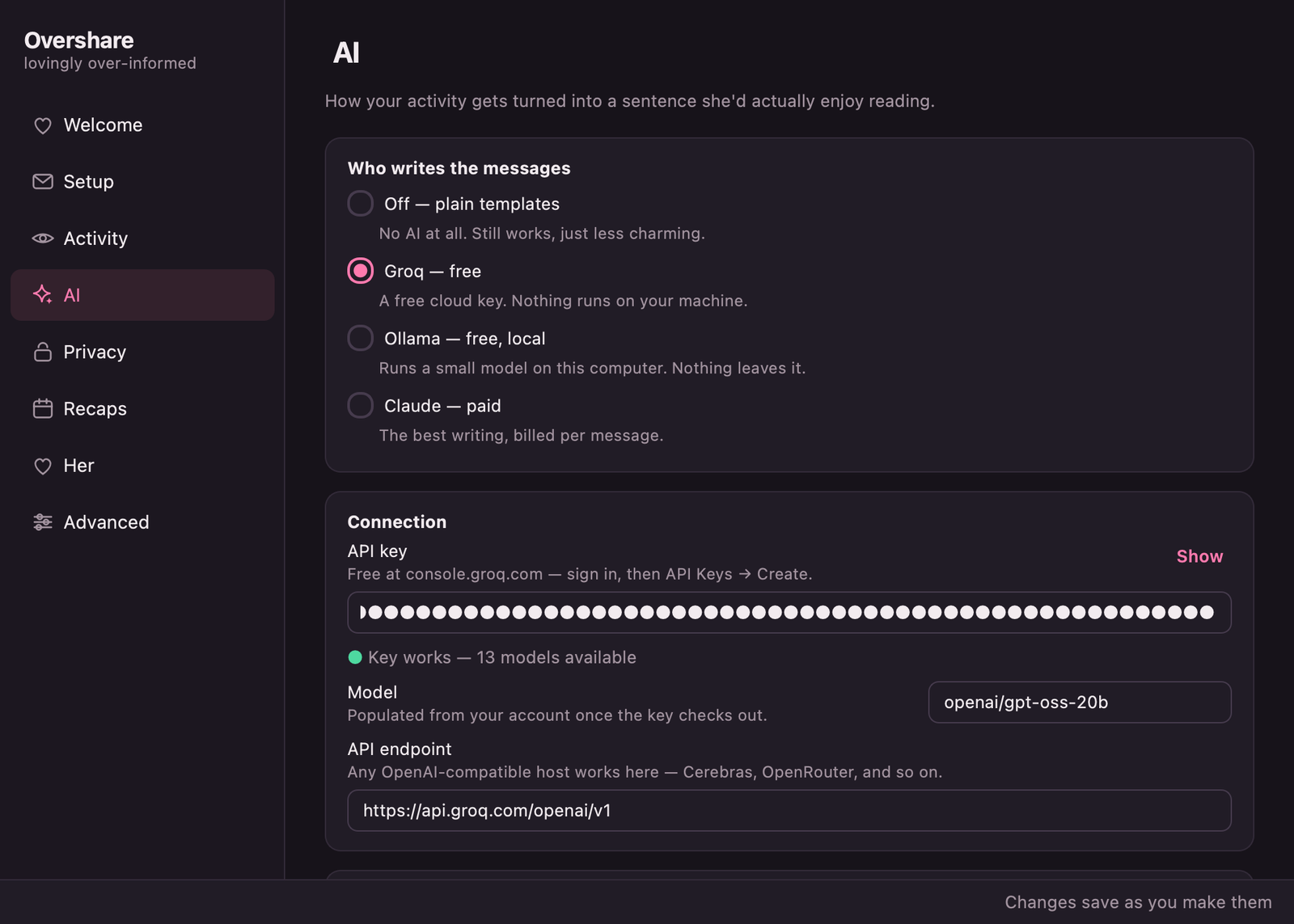 The AI page: provider options for templates, Groq, Ollama and Claude, with a verified key.