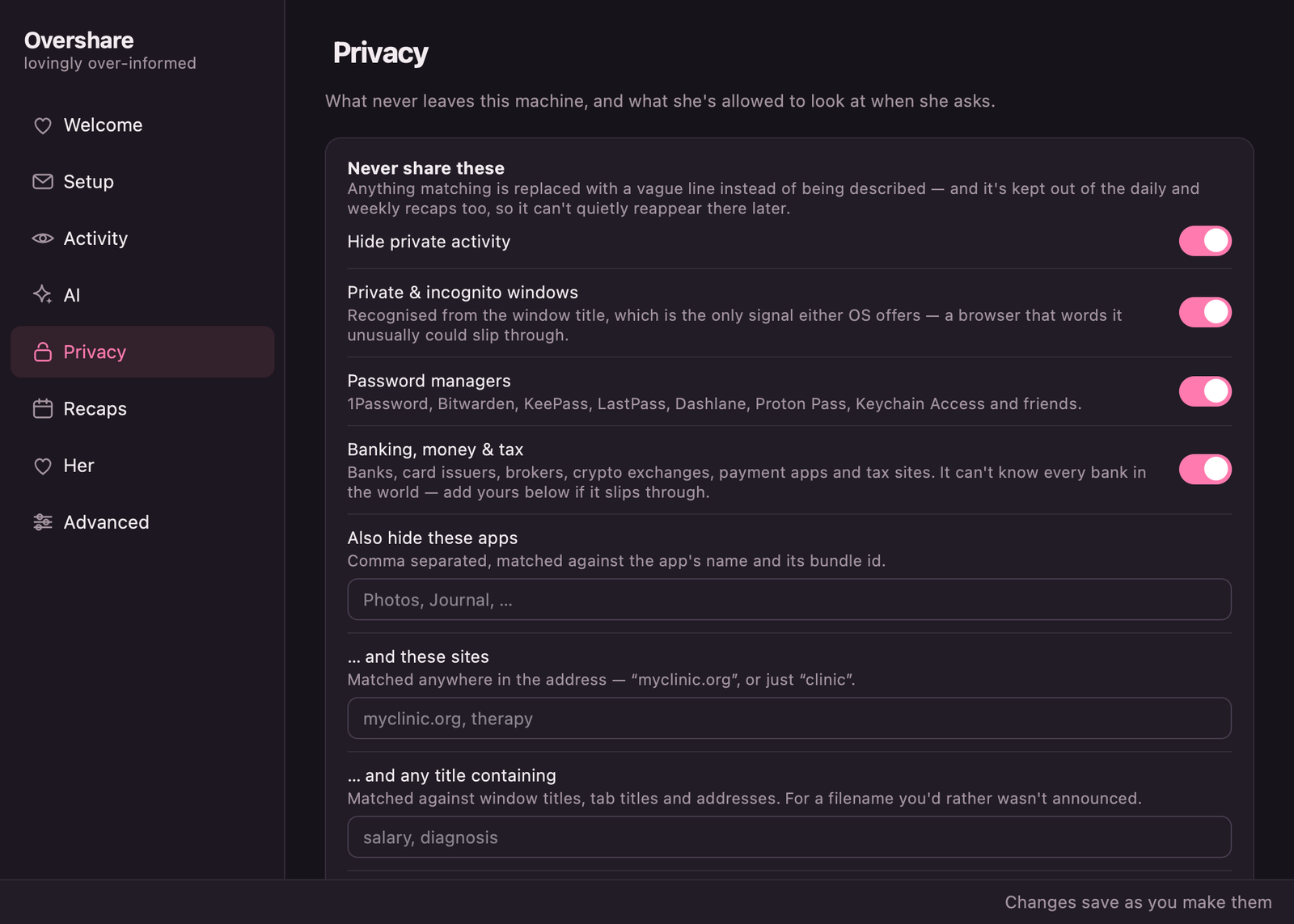 The Privacy page: a blocklist for apps, sites and words, above switches for the camera and screen.