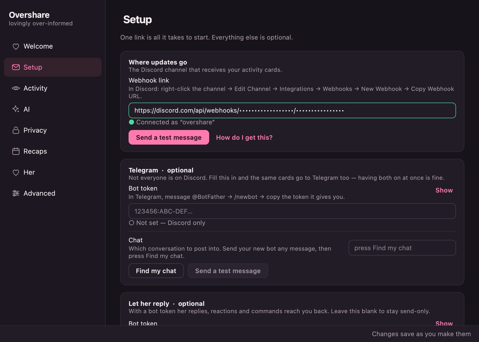 Overshare's settings window on the Setup page: a Discord webhook field showing a green Connected check, with an optional Telegram section below.